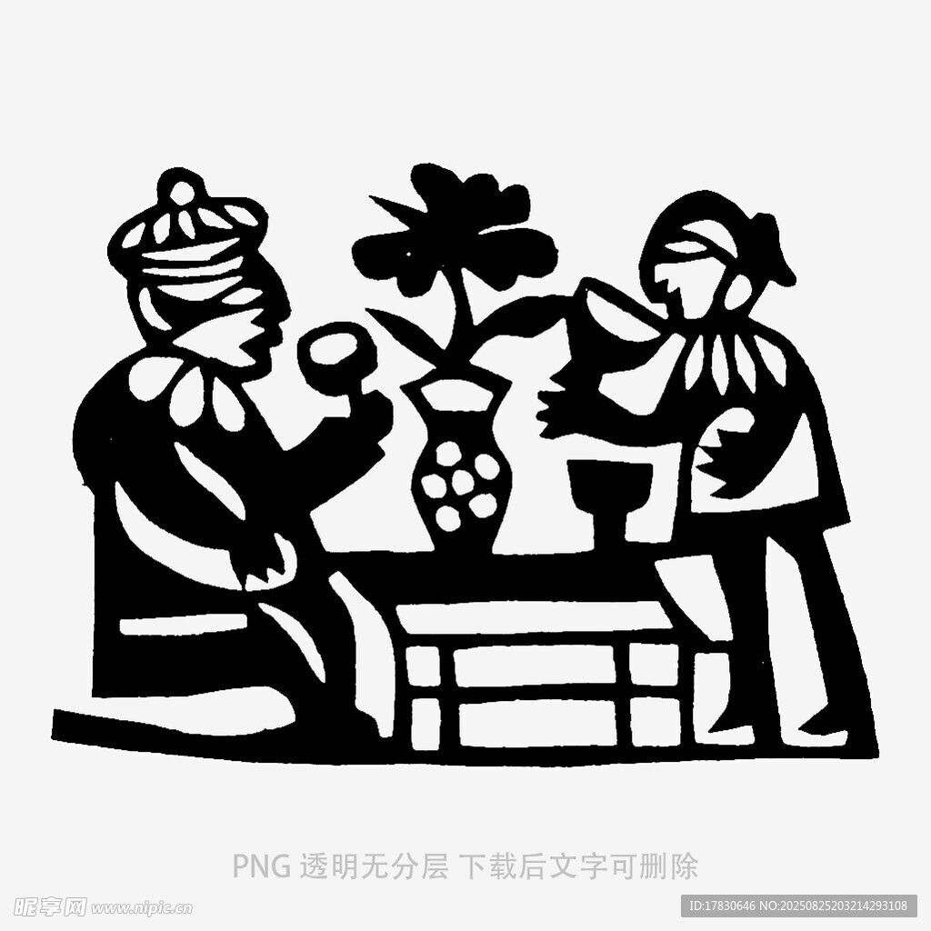 古代人物对坐赏瓶插花场景