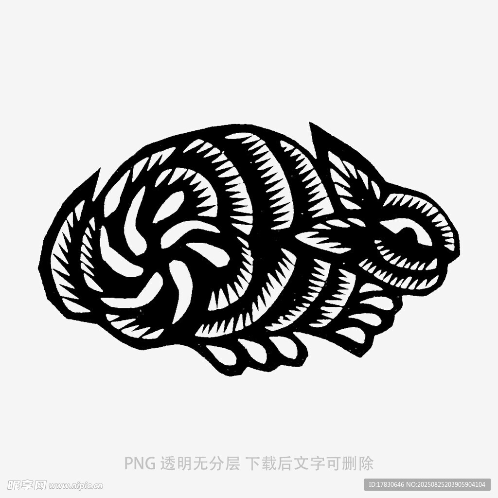 黑白剪纸风蜷卧兔子图案