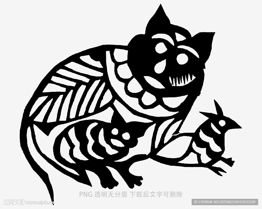 剪纸风格的猫与小鸟图案