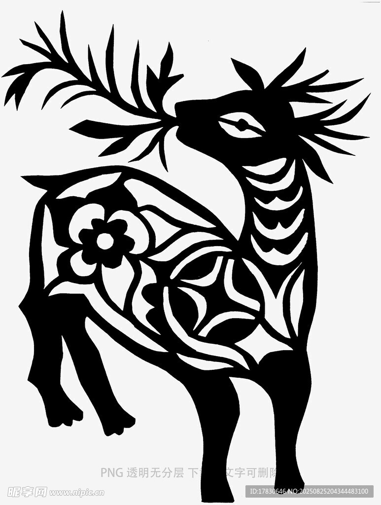 黑白鹿形剪纸艺术图案