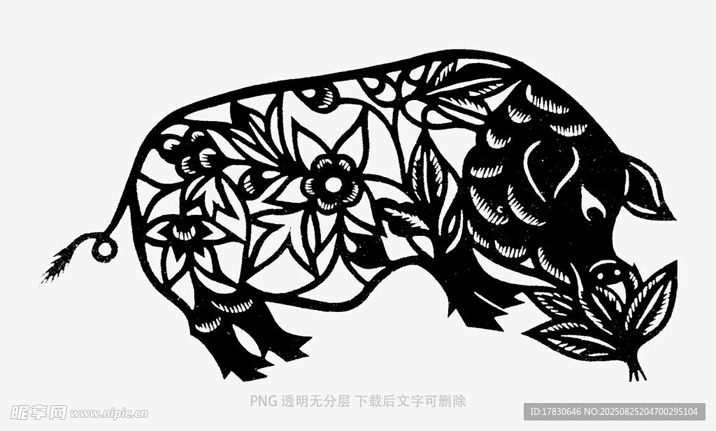 花卉装饰的艺术黑猪图案