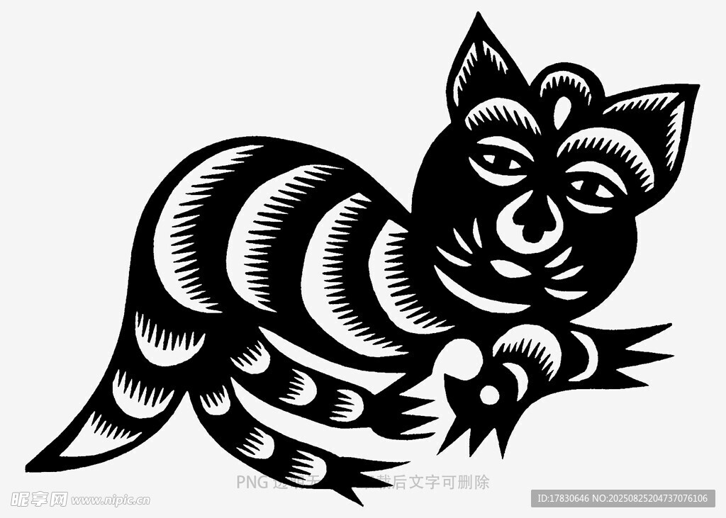 黑白剪纸风可爱猫咪图案
