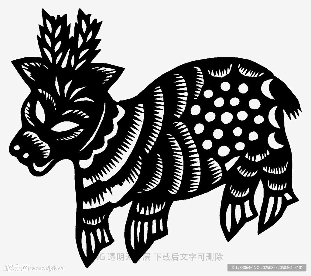 黑白剪纸风野猪图案