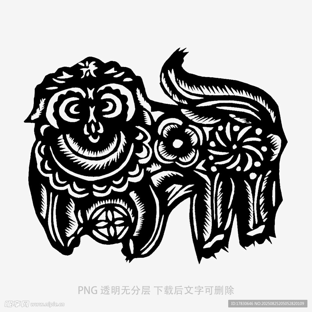 传统剪纸风格的可爱狮子
