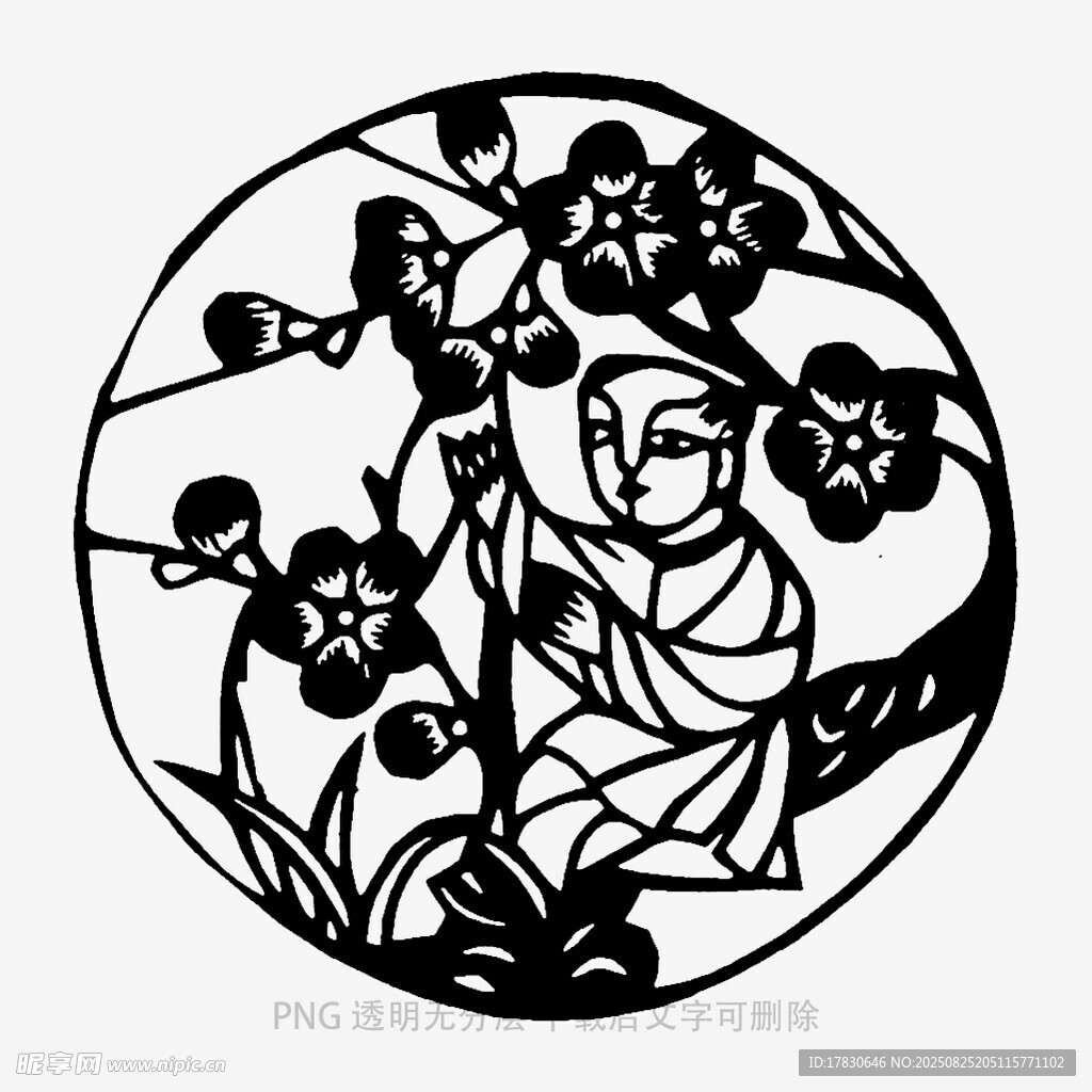 圆形剪纸中持杖老人赏花