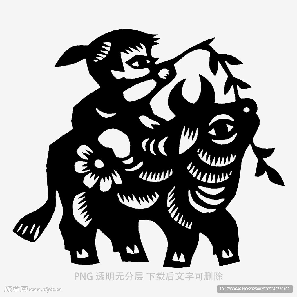 牧童骑牛剪纸艺术图