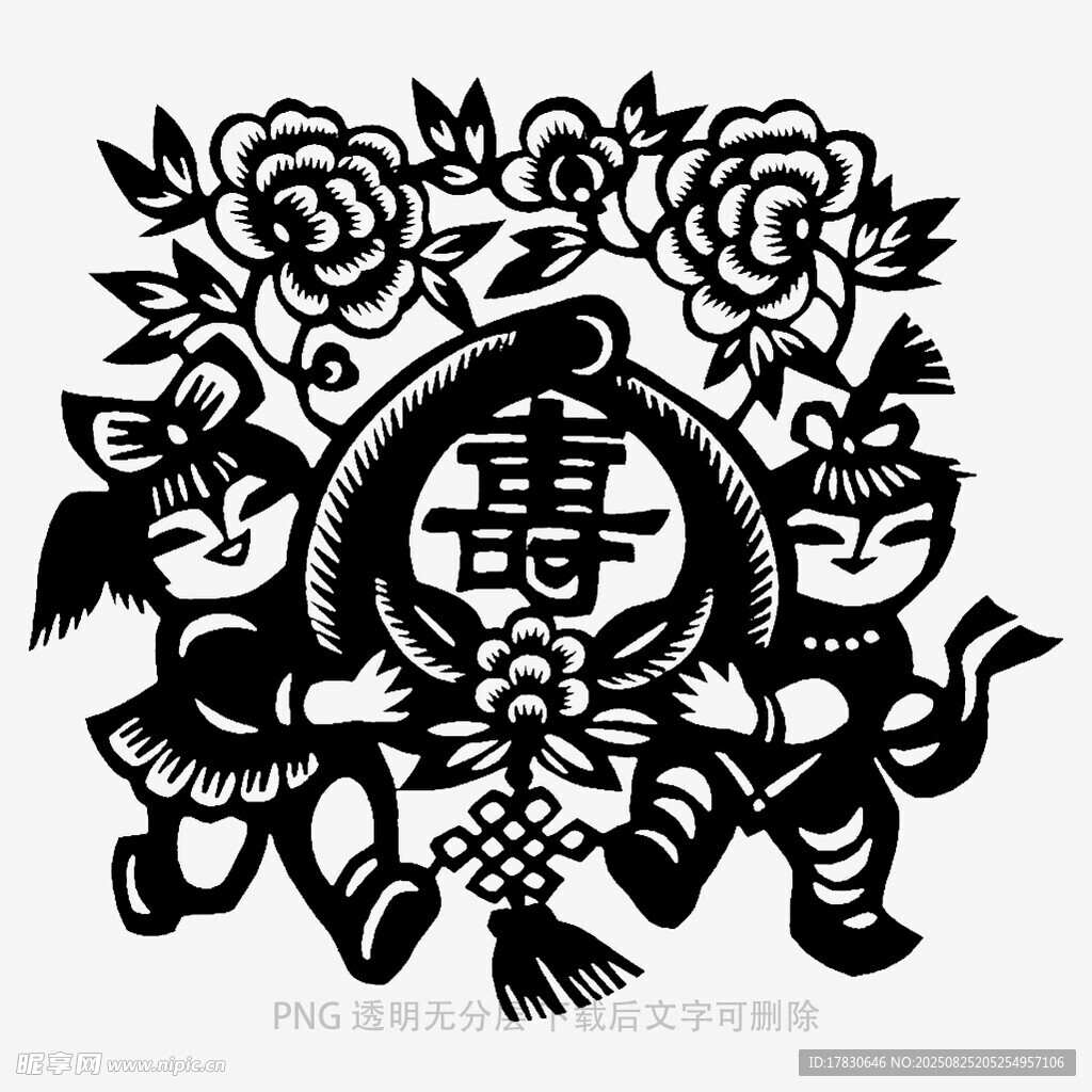双童献寿剪纸艺术作品