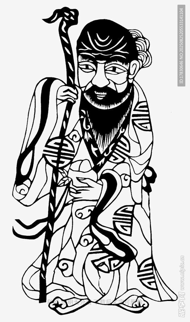 传统风格持杖人物插画