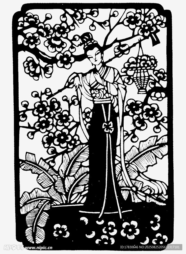 中式古典女子花卉图案