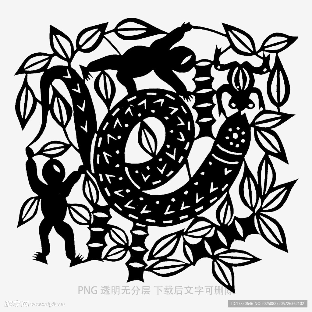 剪纸艺术中的蛇与人物