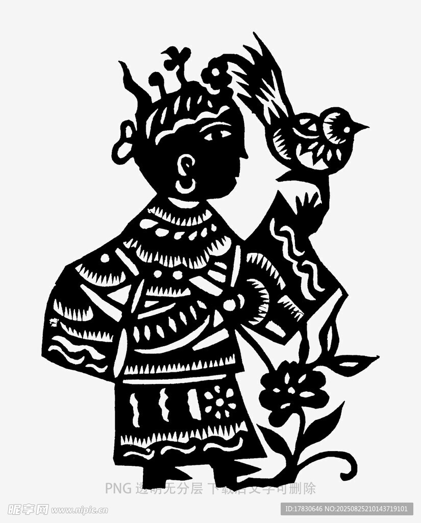 传统剪纸人物与飞鸟图案