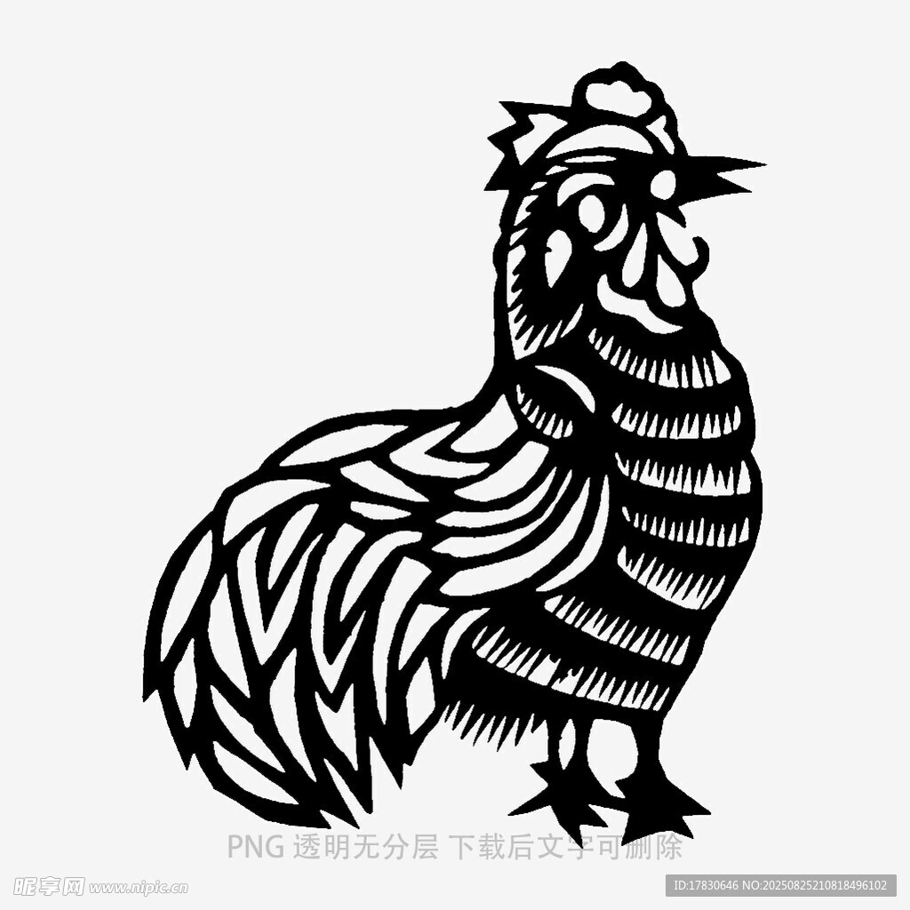 黑白剪纸风公鸡图案