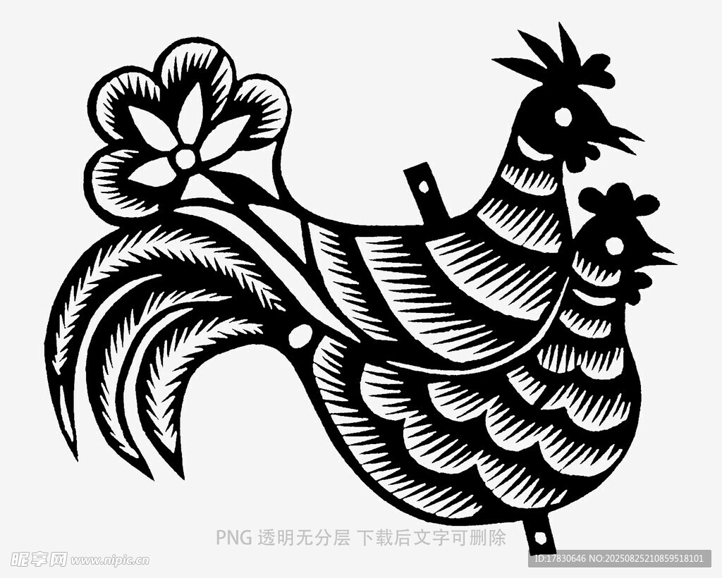黑白剪纸风公鸡图案