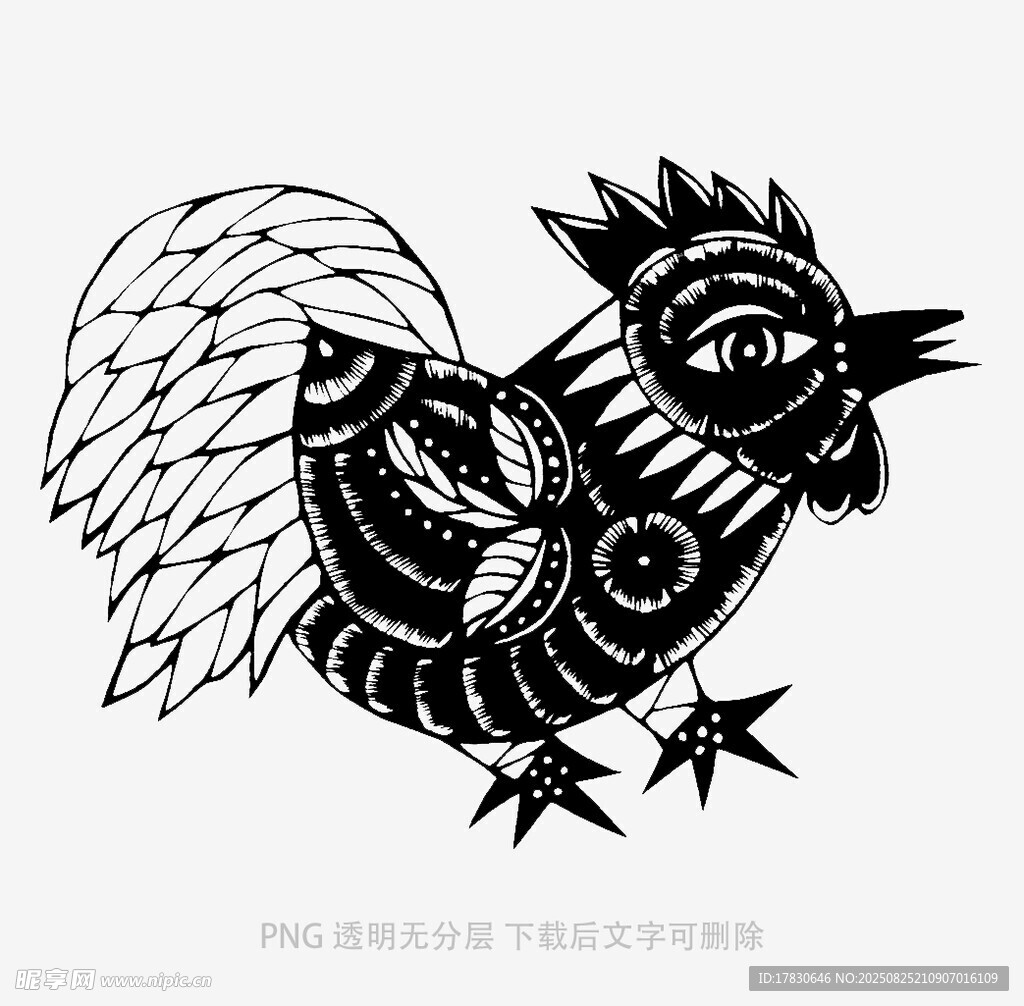 黑白公鸡剪纸图案