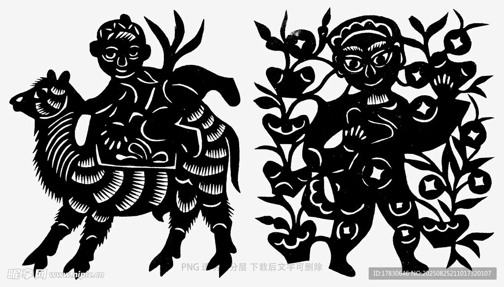 传统剪纸孩童骑兽图案