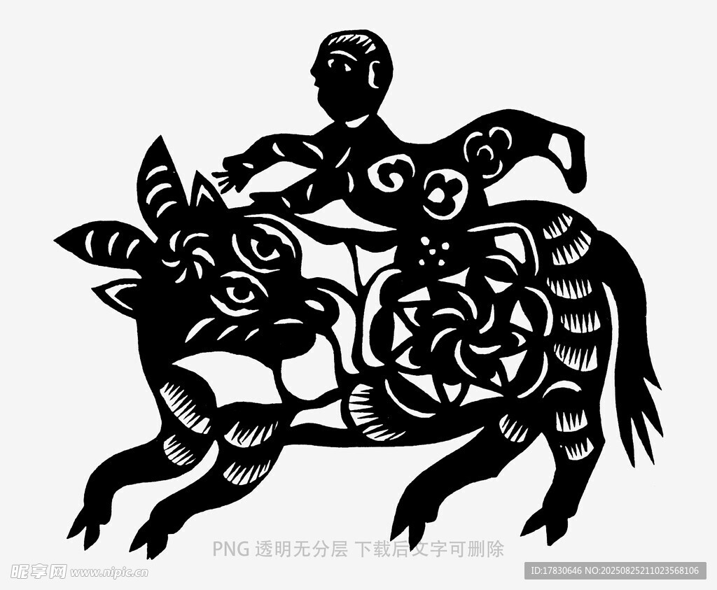 儿童骑牛剪纸艺术图案