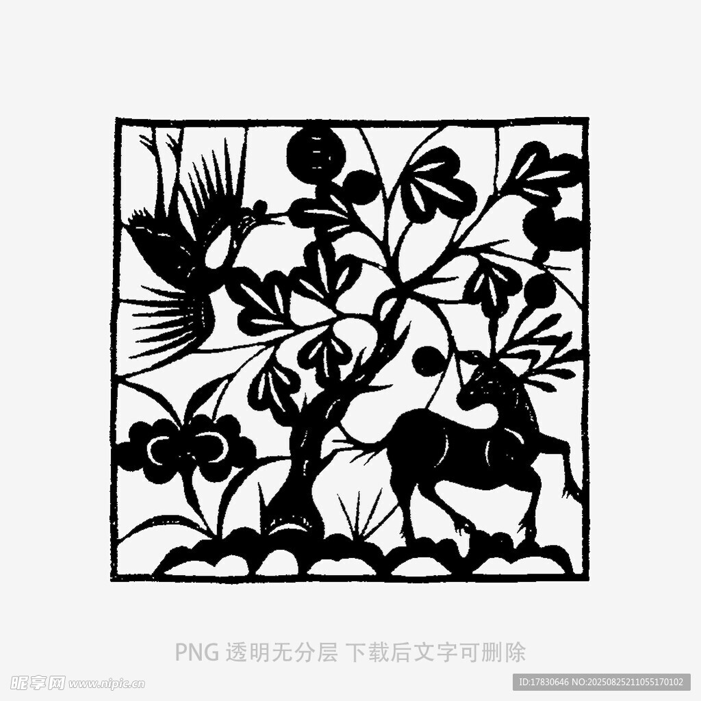 黑白花卉动物剪影图案
