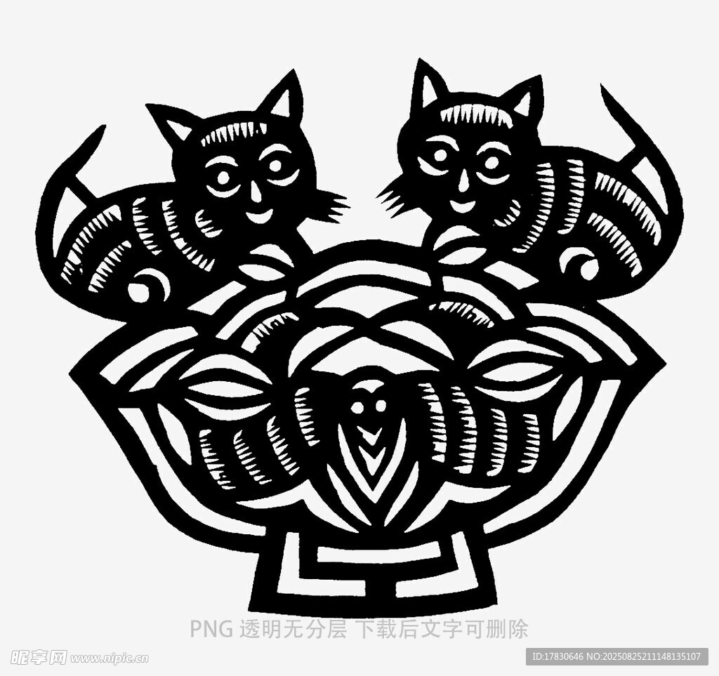 双猫戏鱼剪纸图案