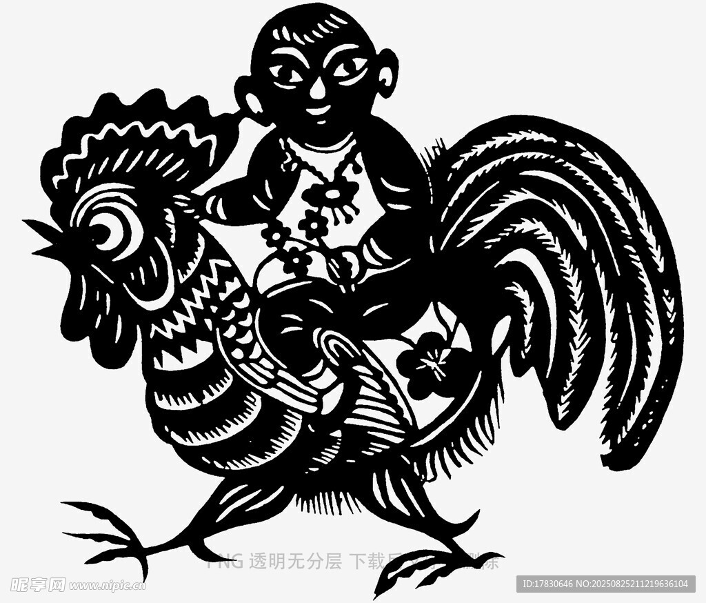 猴骑公鸡剪纸艺术图案
