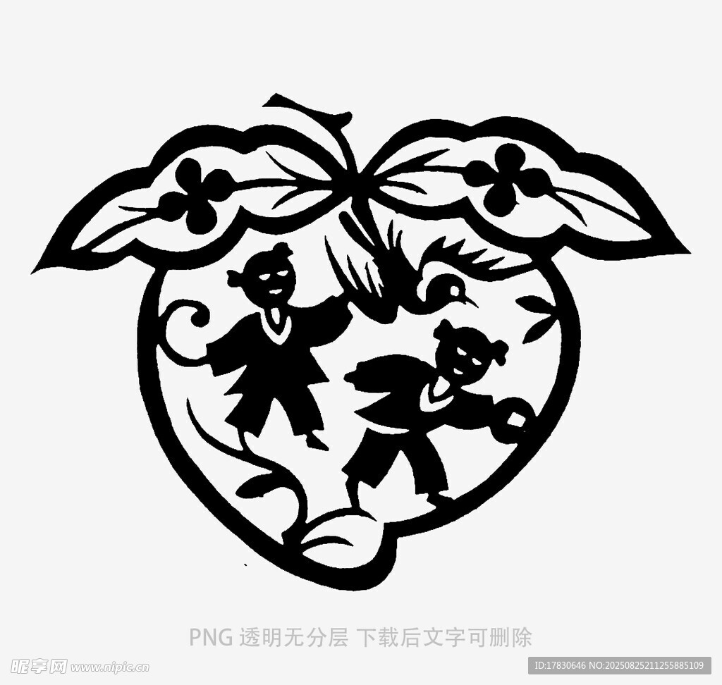 剪纸风心形花卉图案设计