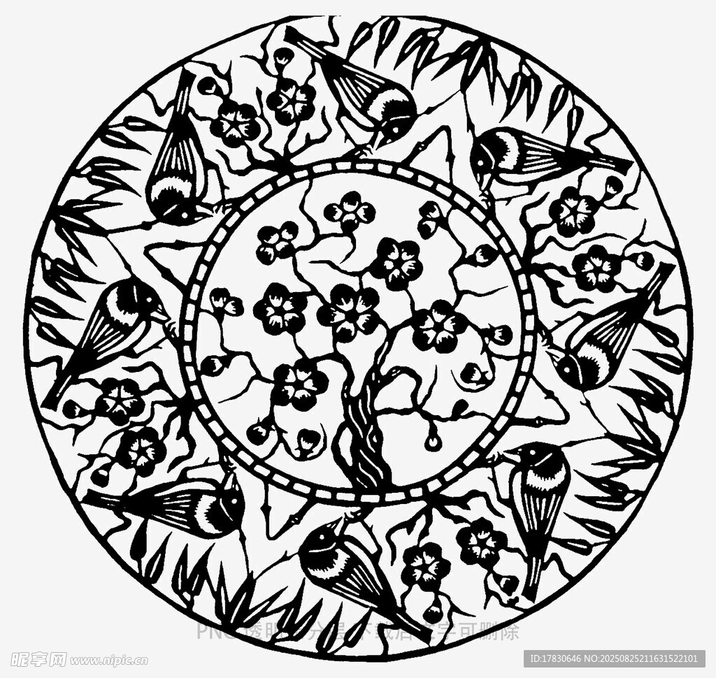 圆形黑白花卉图案装饰画