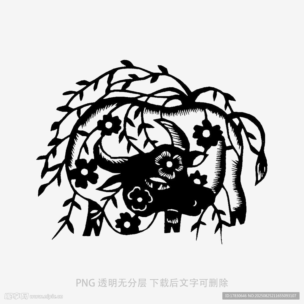 牛卧于花枝藤蔓下剪纸