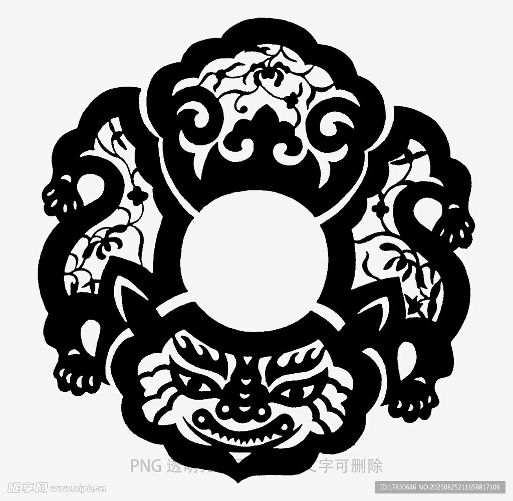 传统剪纸风兽面环形图案