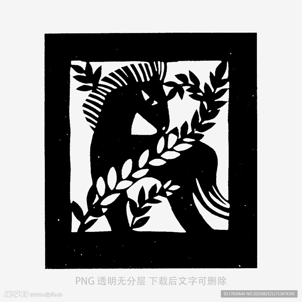 黑白剪纸风独角兽与枝叶