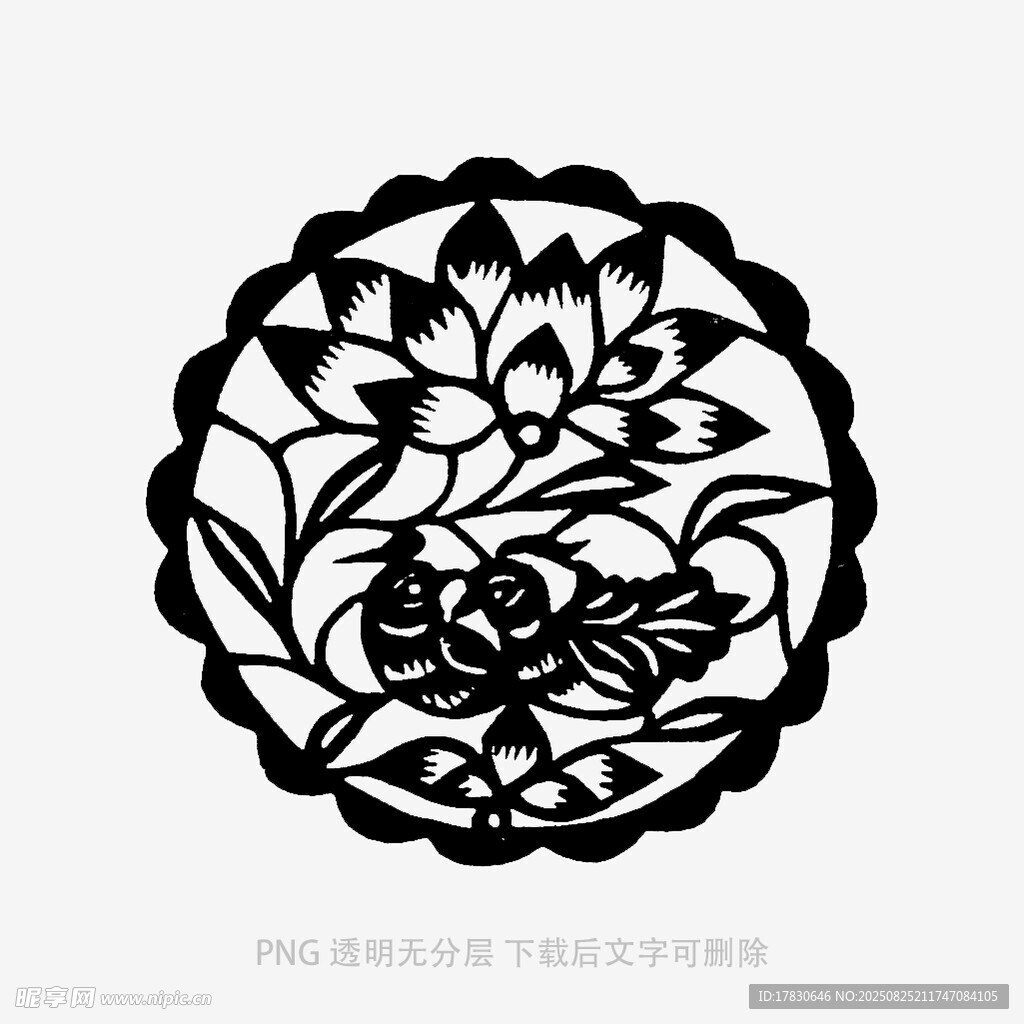 圆形荷花剪纸图案
