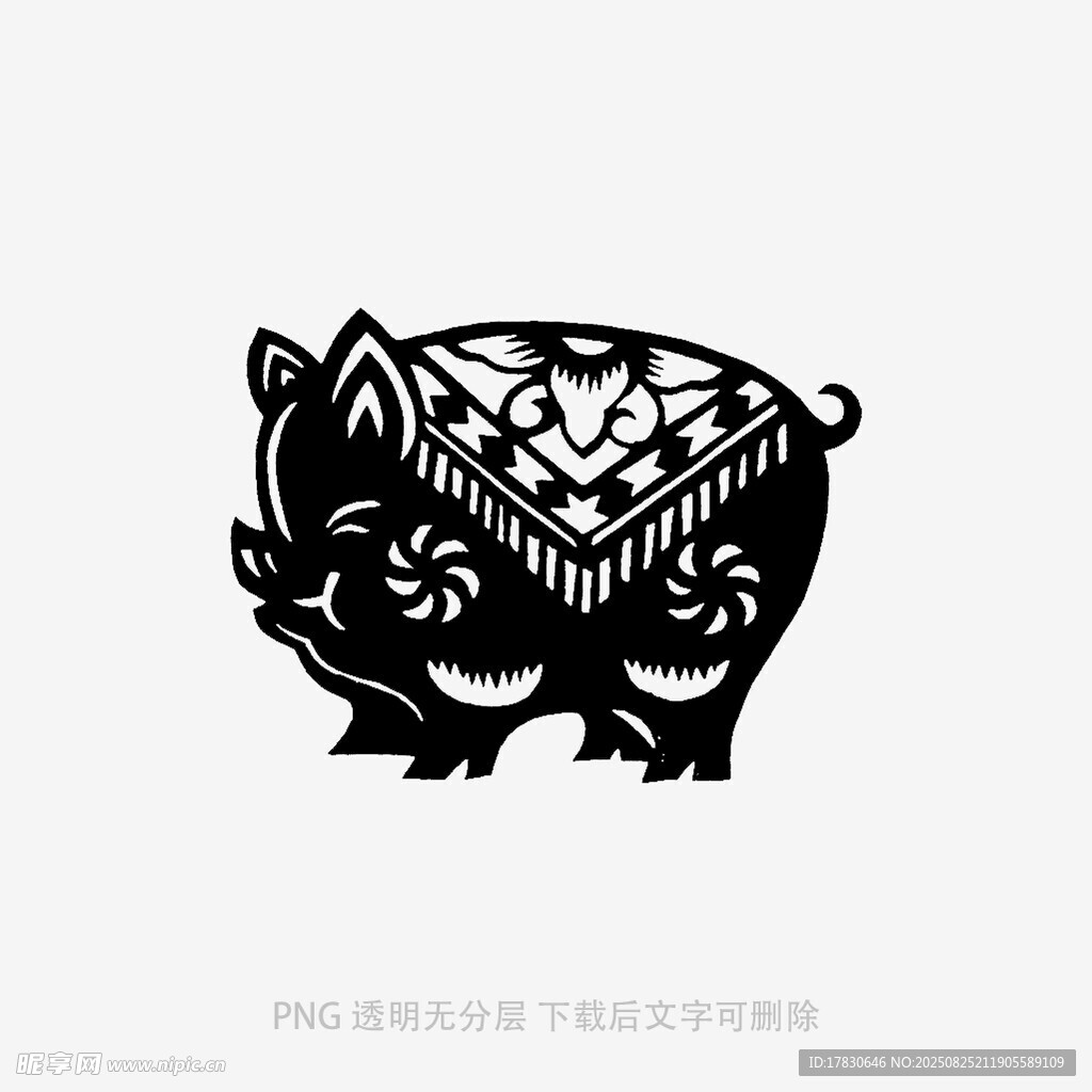 传统剪纸风小猪图案设计