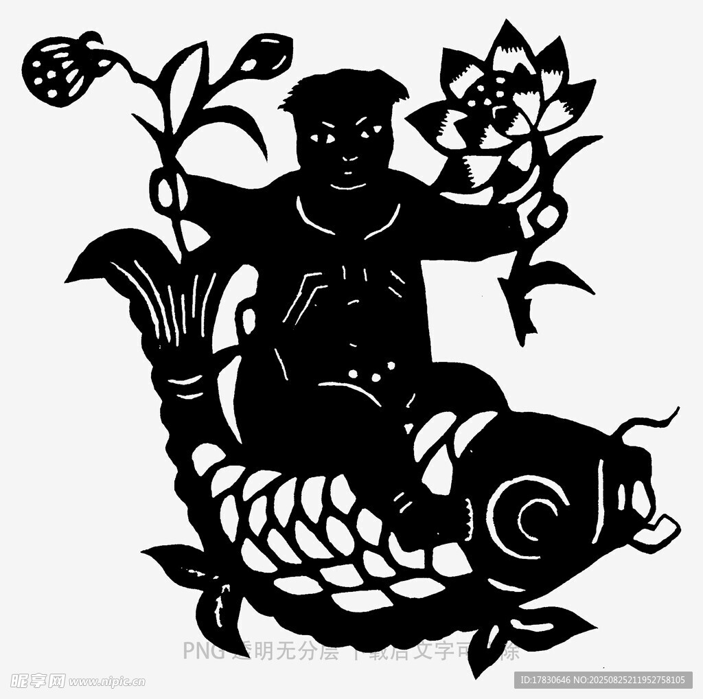 童子骑鱼剪纸艺术作品