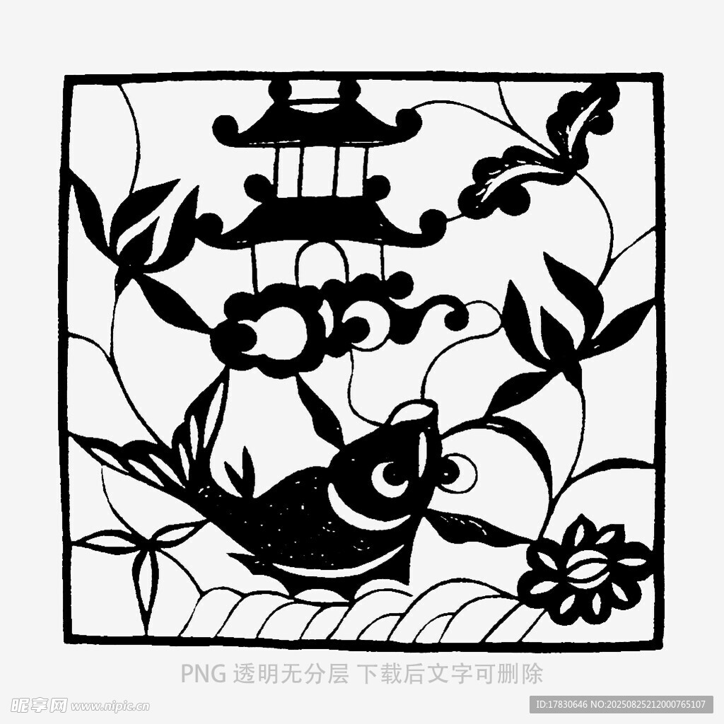 中式花鸟亭阁剪纸图案