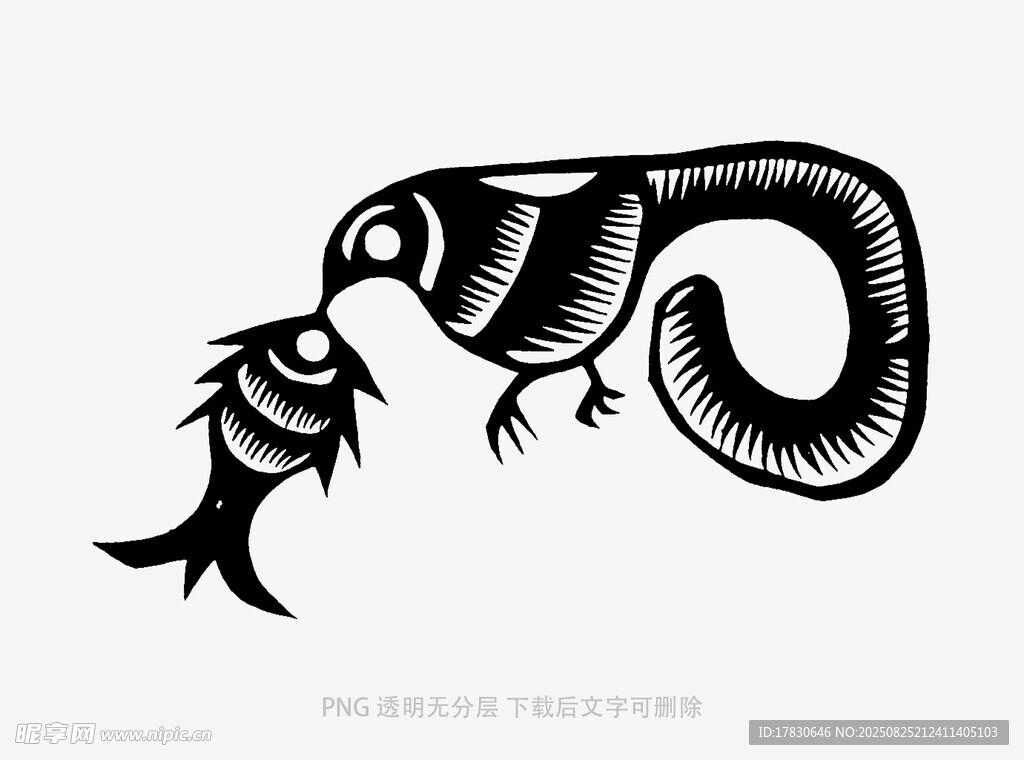 黑白鱼鸟图案艺术插画