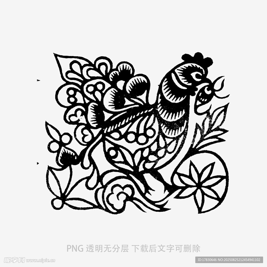 传统剪纸风公鸡花卉图案