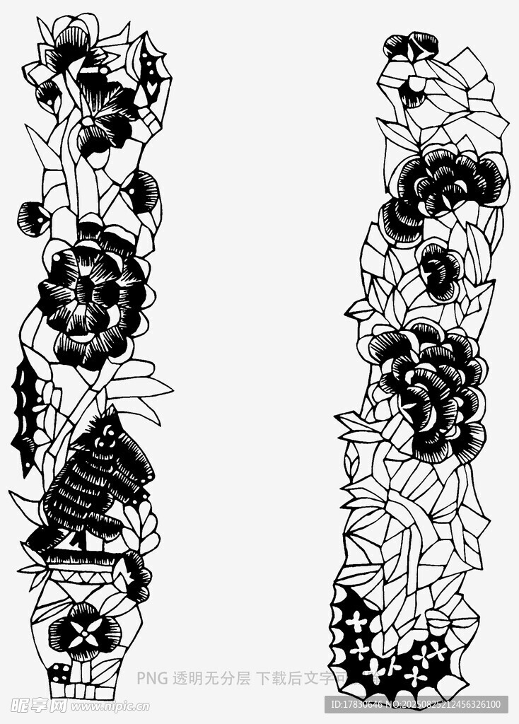 黑白花卉藤蔓手臂纹身图案