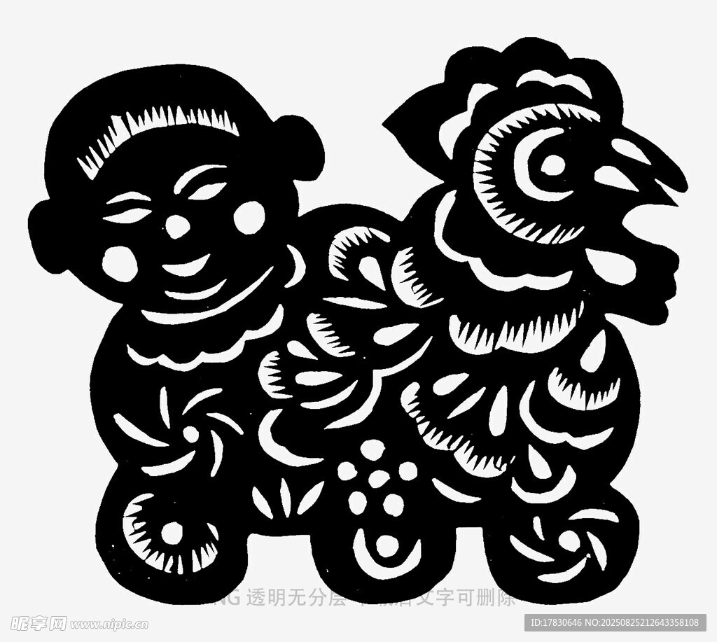 儿童与公鸡剪纸艺术作品
