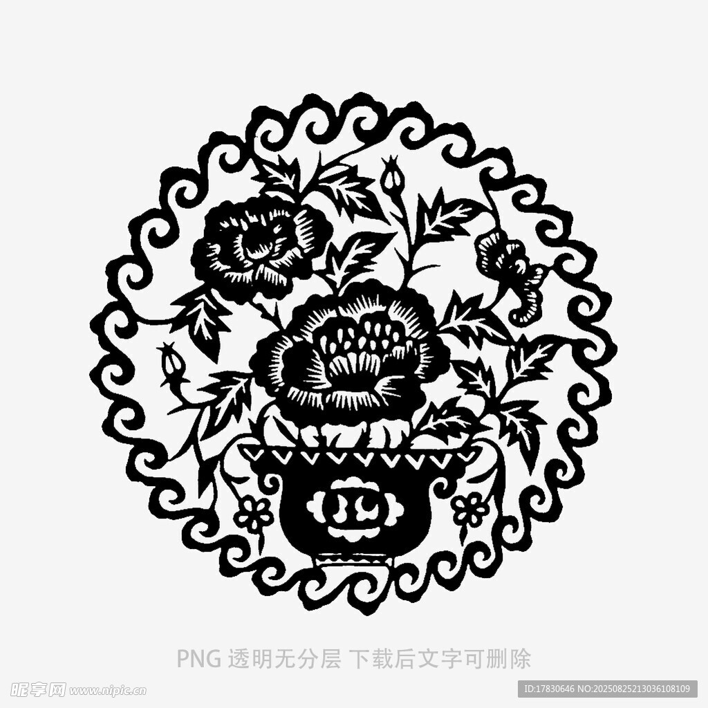 传统圆形花卉纹剪纸图案