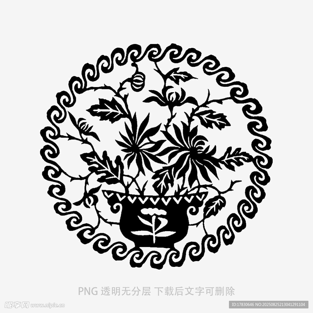 中式花卉圆形剪纸图案