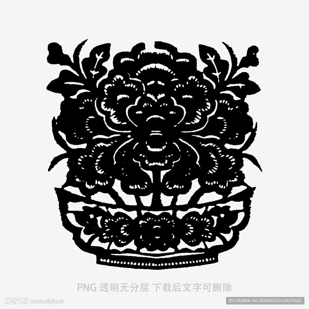 中式剪纸风盆栽花卉图案