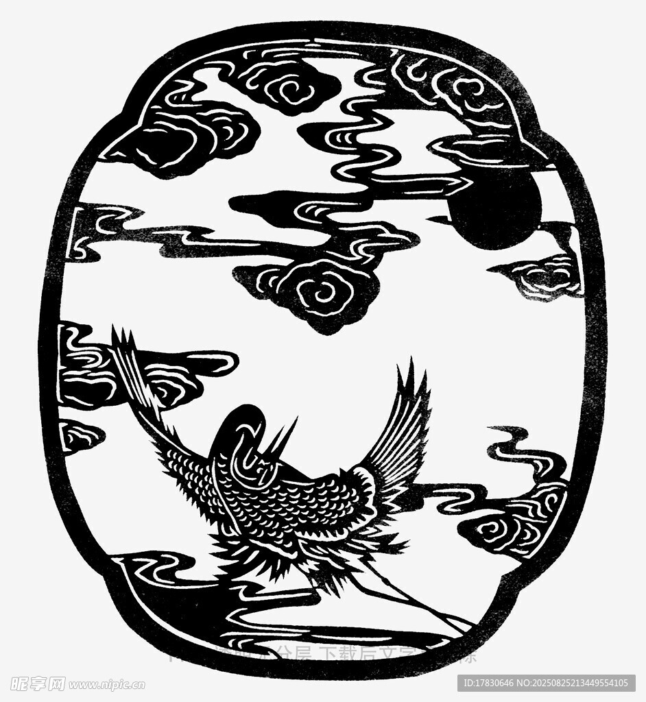 中式剪纸风仙鹤祥云图案