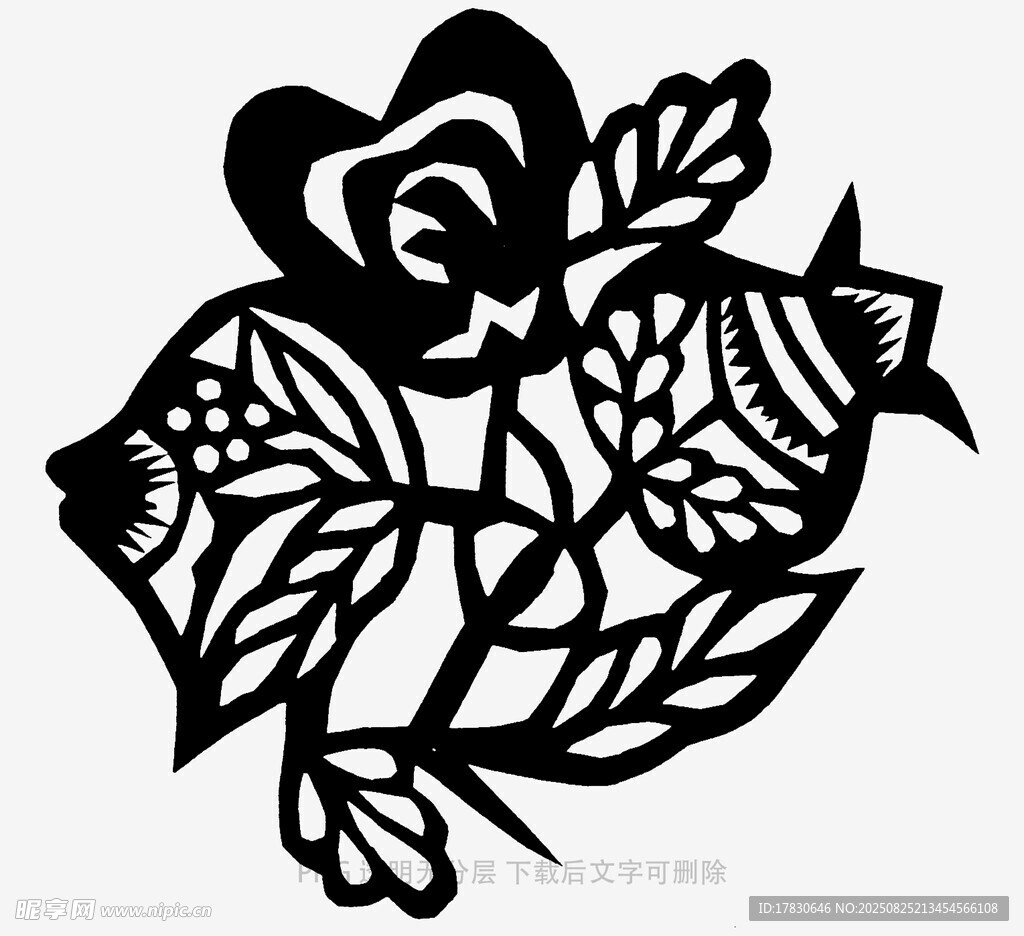 黑白花卉鱼形剪纸图案