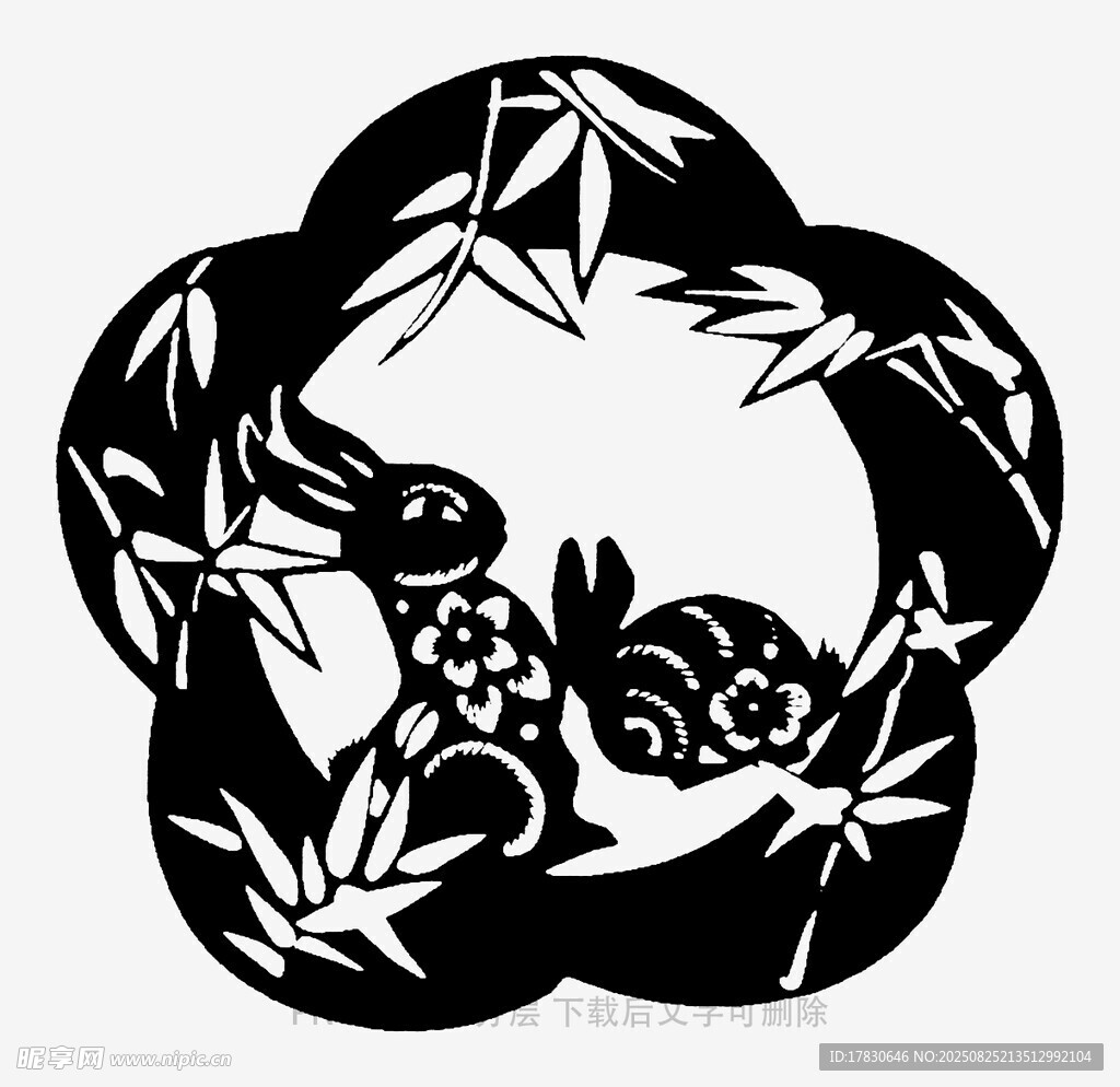 梅花间的兔子剪纸图案