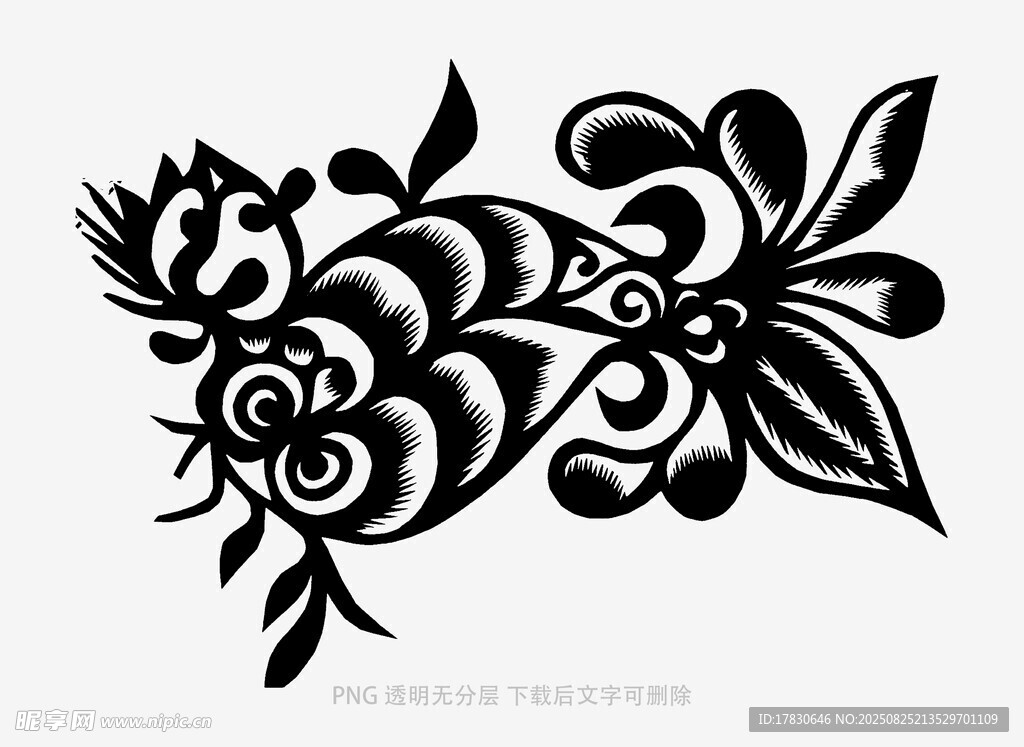 黑白花卉飞鸟纹身图案