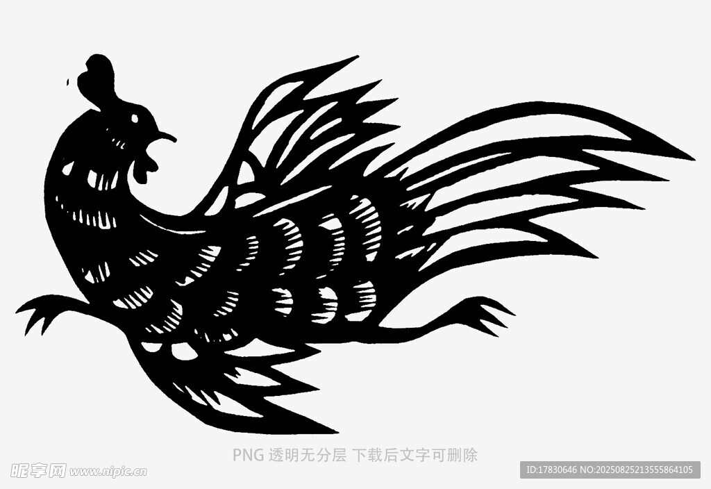 黑色剪纸风飞翔的公鸡