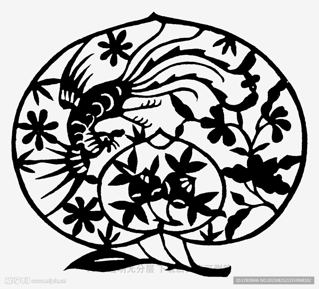 圆形花鸟剪纸图案