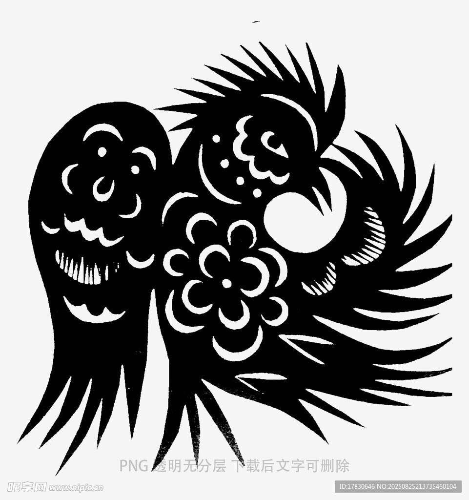 传统剪纸风黑白色凤凰图案