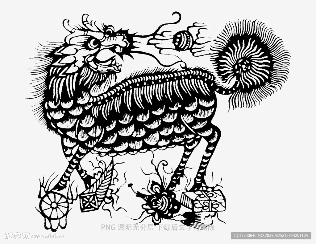传统麒麟图案黑白插画