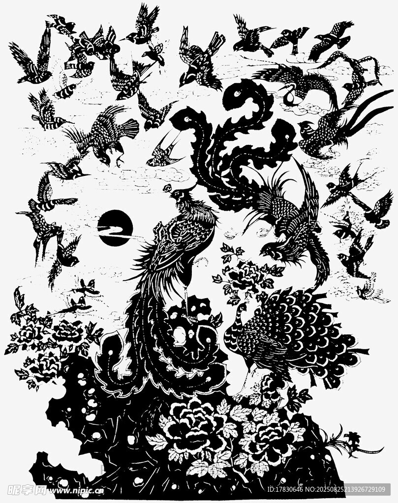 黑白奇幻花卉飞鸟图案