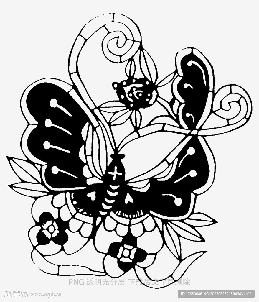 黑白蝴蝶花卉图案插画