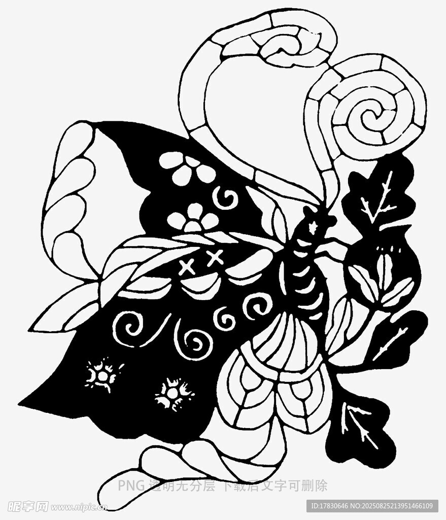 黑白蝴蝶花卉装饰图案